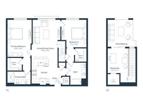 Floor plan for 2 beds, 2 baths, 1269 sqft